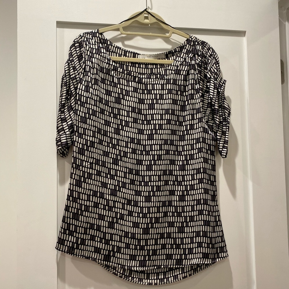 Zara Basic white brown black patterned silk top